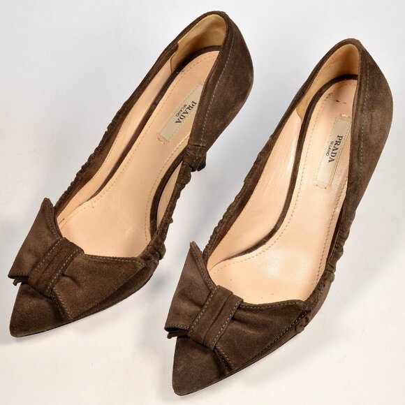 Prada Brown Suede Bow Heel Shoes Size 36 W/ Box - Picture 5 of 10